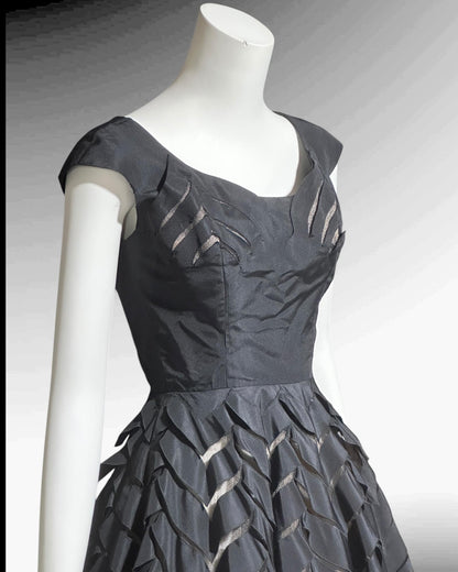 OLDRIC ROYCE, vintage 1950s dress, black cutout fit and flare cocktail party evening dress