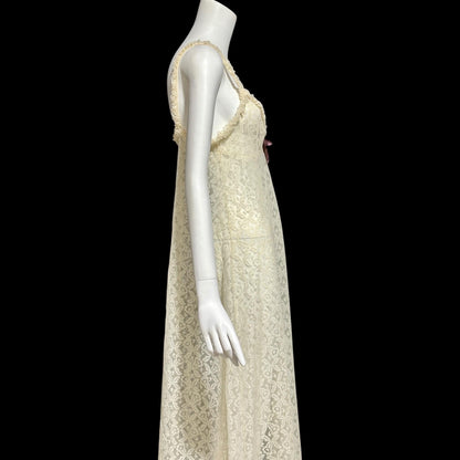 1950s vintage nightgown slip dress, ethereal sheer creamy lace night dress with ruffles