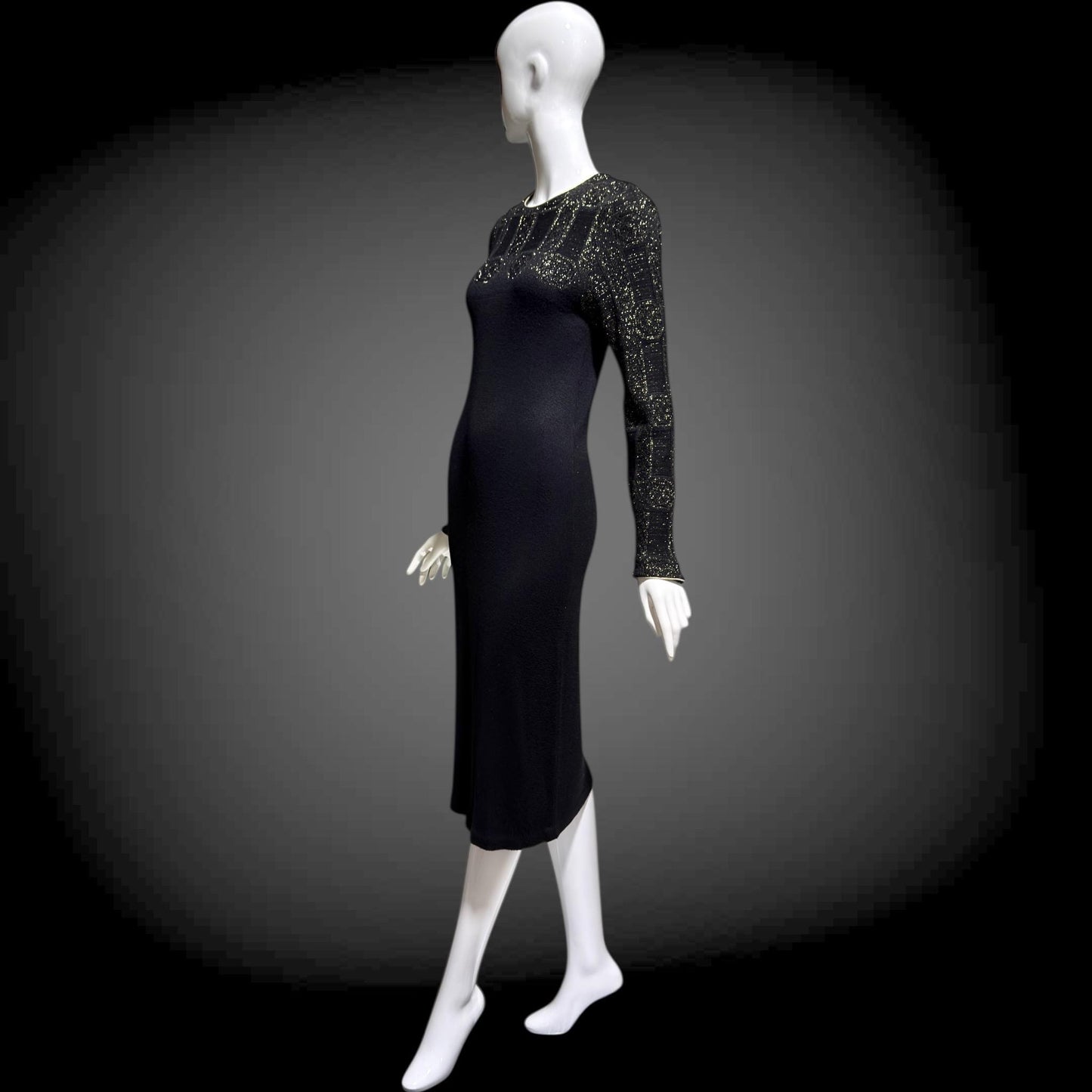 MARY MCFADDEN vintage 1970s knit cocktail dress, Black Gold Long Sleeve Office Party dress