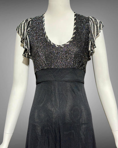 YOUNG INNOCENT by ARPEJA, 1970s vintage black jersey knit & lurex long dress