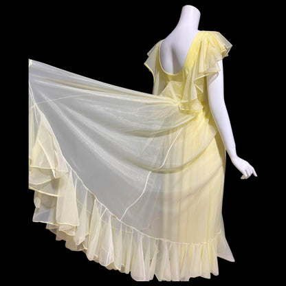 LUCIE ANN Claire Sandra, 1960s Marshall Field daffodil yellow full sweep ruffled nightgown, grecian wrap slip dress