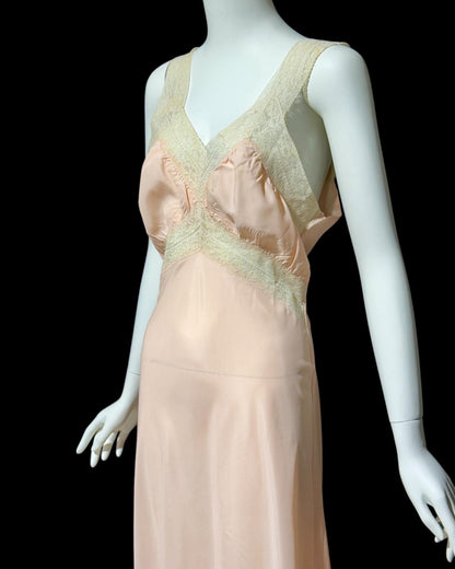 1940s vintage Nightgown slip dress, Custom Made pink bias cut lacy slip dress