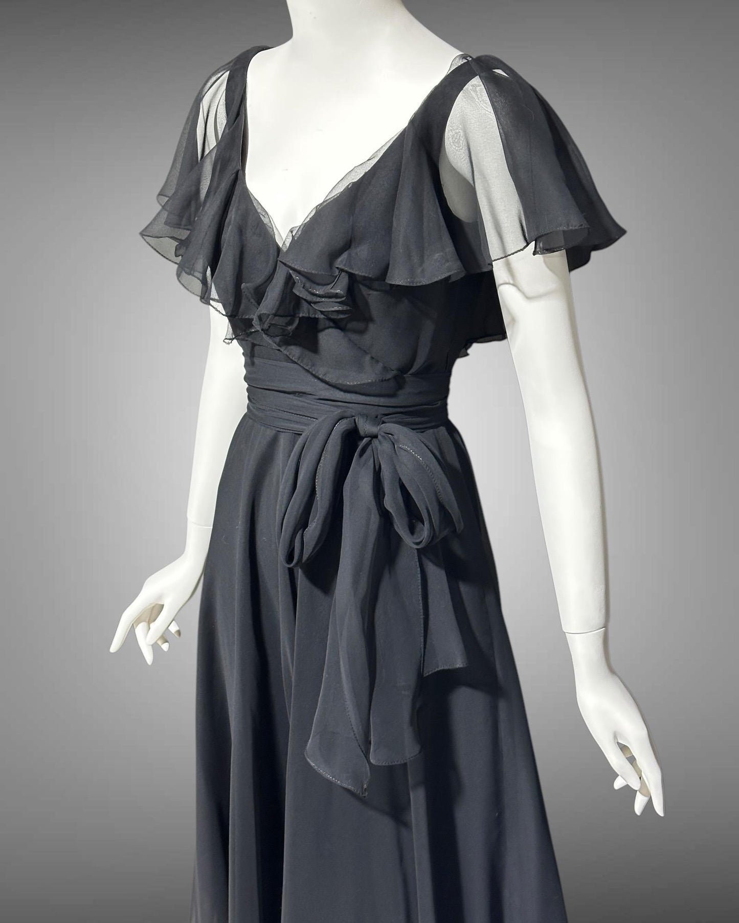 MOLLIE PARNIS vintage evening dress gown, 1970s black poly chiffon ruffled neckline scarf dress