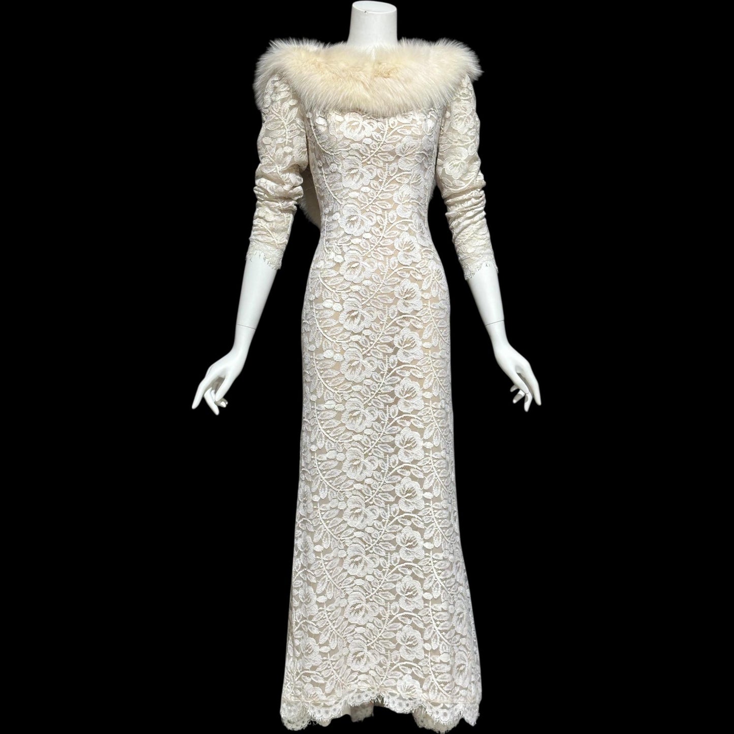 PAT RICHARDS Michael Maiello, vintage 1980s evening dress, white lace & fox collar dynasty glam gown