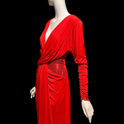 TADASHI Vintage evening dress gown, 1980s glam red sequin sarong gown