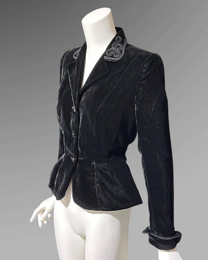 BONWIT TELLER, vintage 1940s black velvet jacket coat, fitted princess cut new look, nipped waist