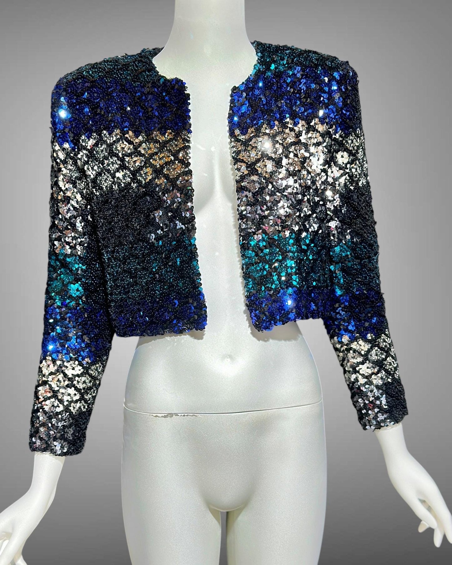 LILLIE RUBIN vintage Evening jacket, 1980s ombre sequins blue black silver cocktails party cropped jacket