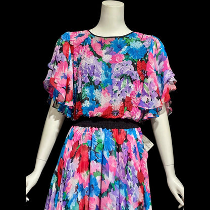 DIANE FREIS vintage 1980s silk dress, Neiman Marcus floral gypsy dress, flutter sleeves high low ruffle cocktail dress