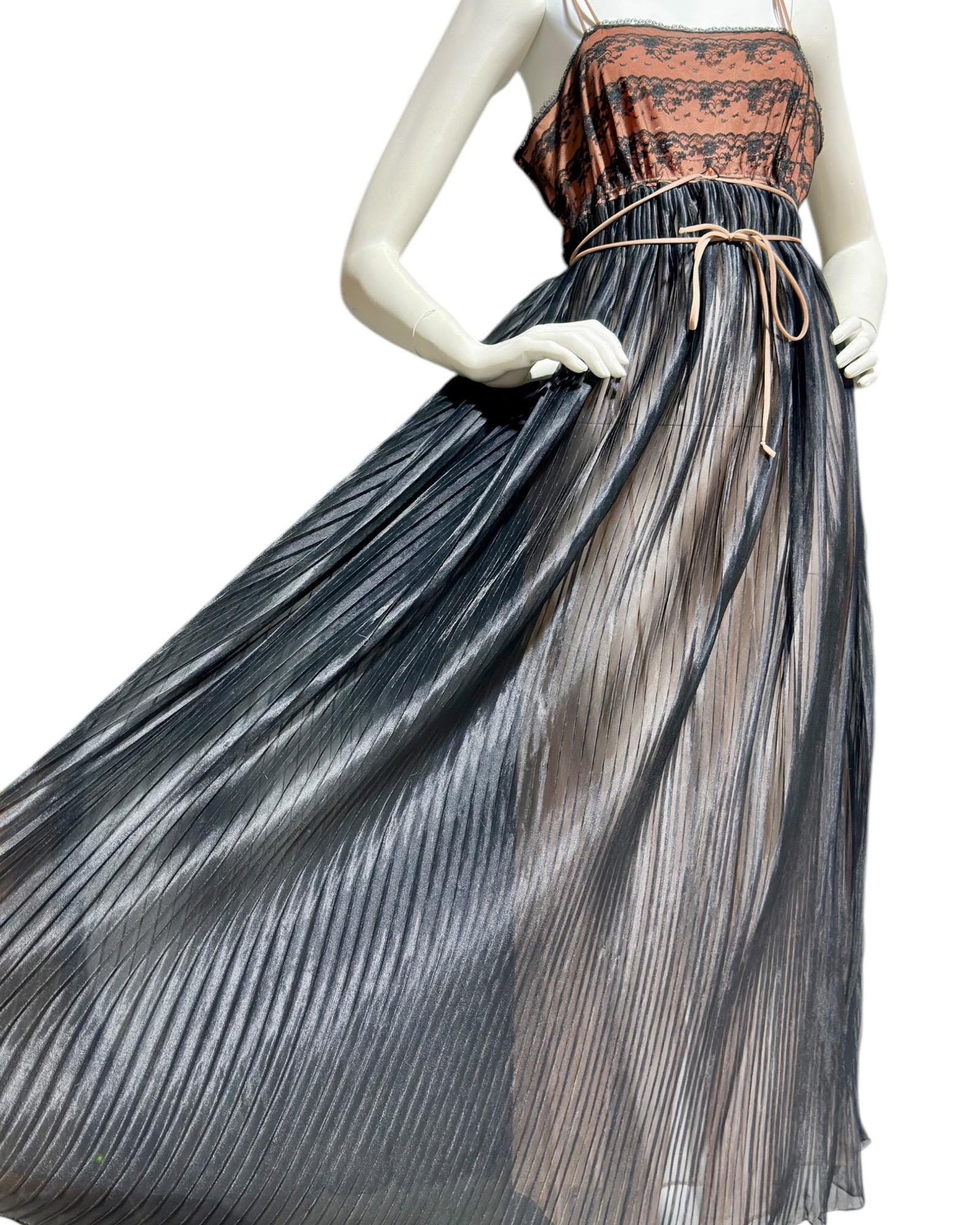 EYEFUL by the FLAUMS, 1950s vintage nightgown, ethereal sheer black lace micro pleated skirt double layer chiffon