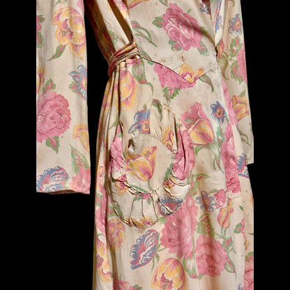 1930s vintage silk chintz floral robe, Dusty pink wrap front long house coat, Rehabilitated Wounded Bird