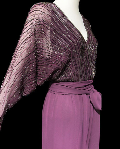 JACK BRYAN vintage evening dress gown, 1970s Aubergine Eggplant Purple chiffon beaded dolman sleeves, Deep V