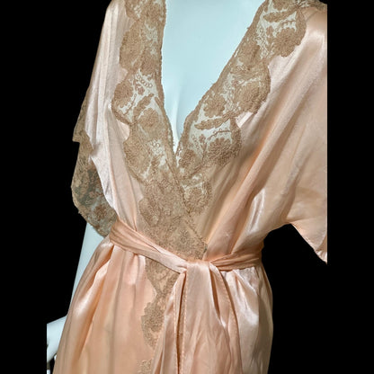 1930s vintage dressing gown robe, Shimmering Peach silk with amazing lace, wrap front house coat