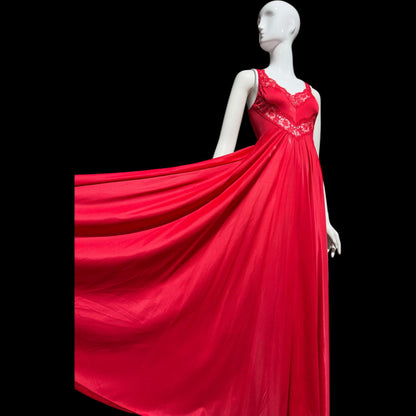 OLGA vintage 1980s nightgown slip dress, 9295 Bodysilk Lipstick Red full sweep night gown dress, stretchy