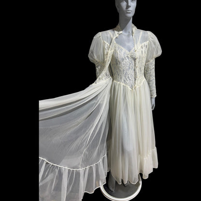 HENSON Kickernick vintage 1950s peignoir slip dress set, frothy white lacy nylon bridal nightgown robe set, THOSE SLEEVES