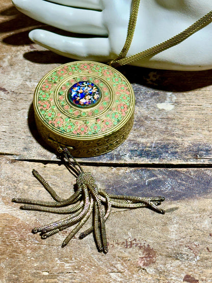 1920s vintage Antique chatelaine compact, flapper enamel mirrored wrist dance compact, double powder, blush rouge
