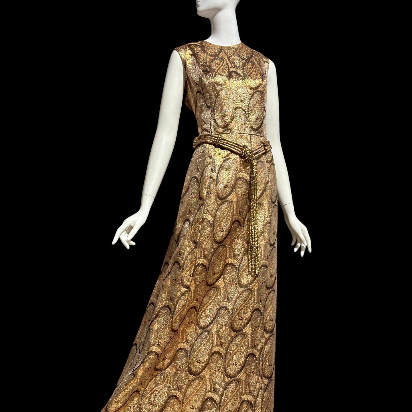 DYNASTY Vintage 1960s evening dress, TRULY SOCIAL metallic copper, gold, bronze and silver paisley gown