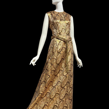 DYNASTY Vintage 1960s evening dress, TRULY SOCIAL metallic copper, gold, bronze and silver paisley gown