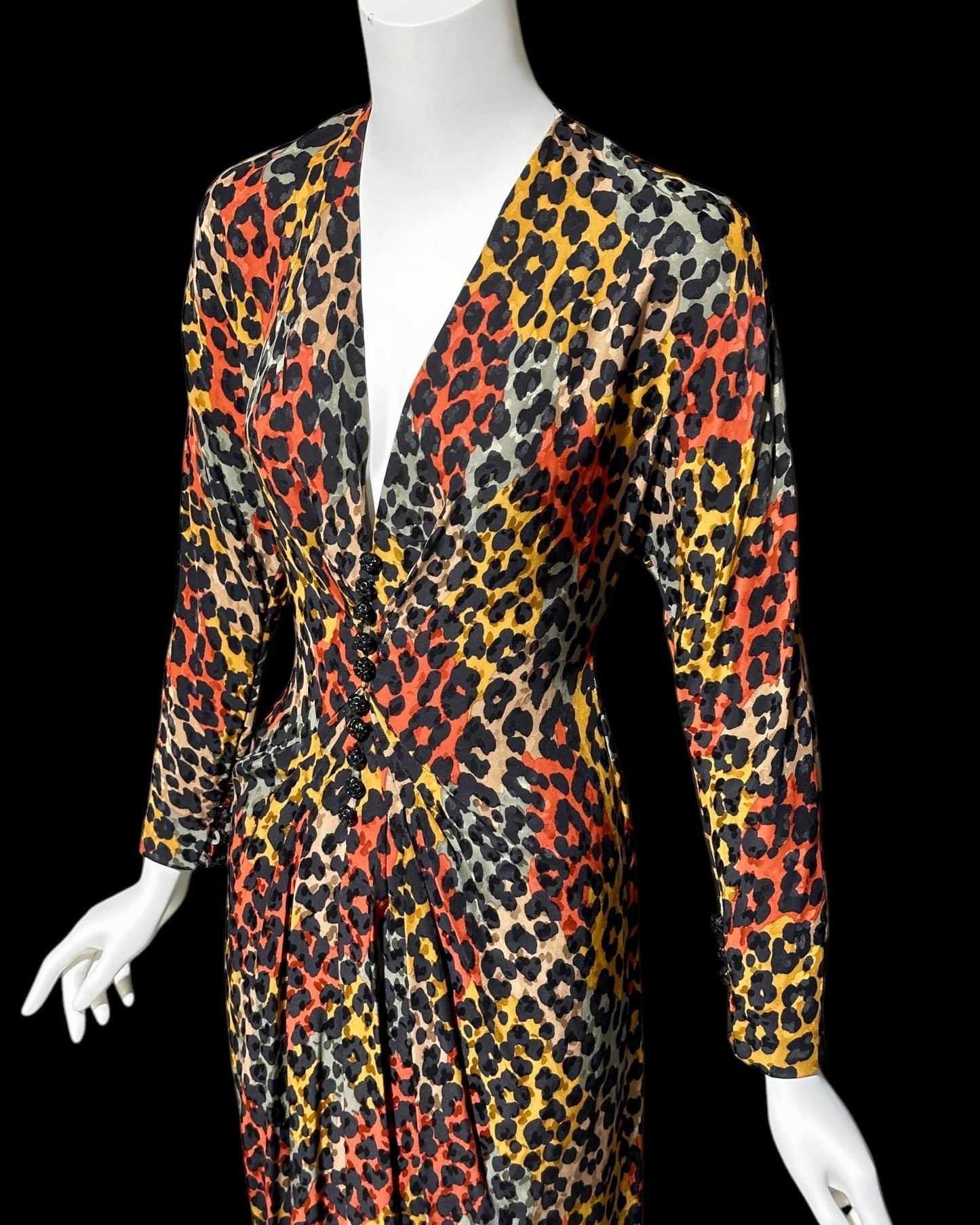 ADOLFO vintage 1980s silk dress, SAKS Fifth Ave, Animal print Office evening party dress, deep V long sleeve