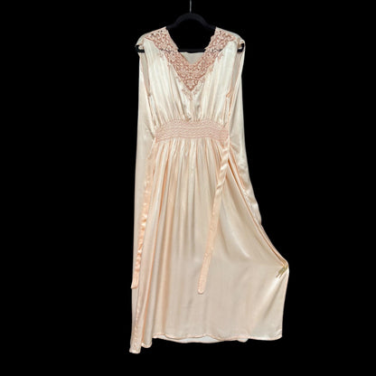 1930s vintage Nightgown slip dress, peachy pink silky smocked night dress