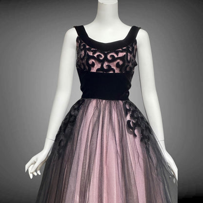 1950s vintage party dress, Dreamy Pink and Black tulle cupcake prom cocktail dress