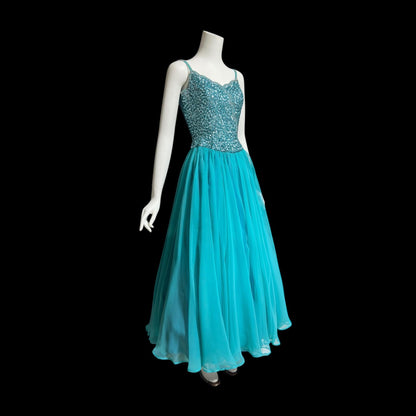 MIKE BENET, vintage 1960s evening dress, mermaid teal blue chiffon beaded sequins prom dress