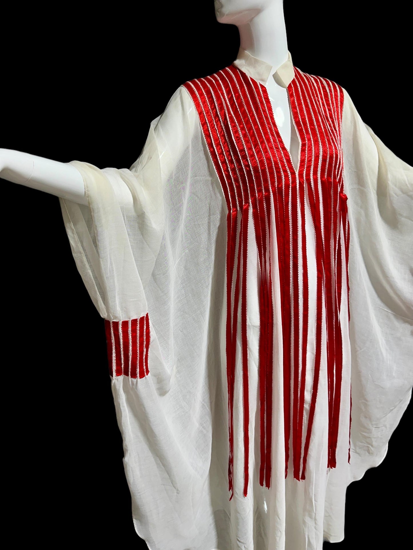 1970s Vintage white gauze caftan dress, Sheer breezy fabric with streaming red ribbons