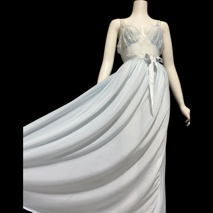 ROGER'S RUN-PROOF 1950s vintage Nightgown: powder blue sheer Nylon Slip Dress with white embroidery