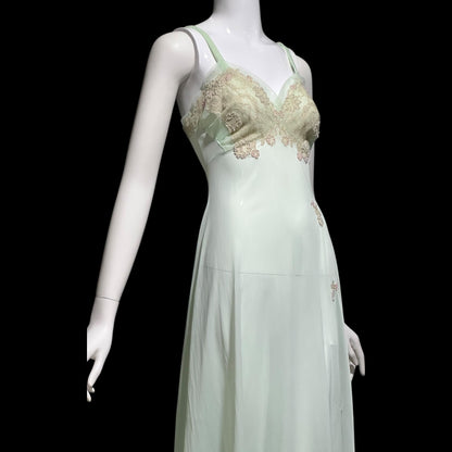 VAN RAALTE MYTH vintage 1950s Nightgown Slip Dress: Pale celadon green Nylon beaded night Dress