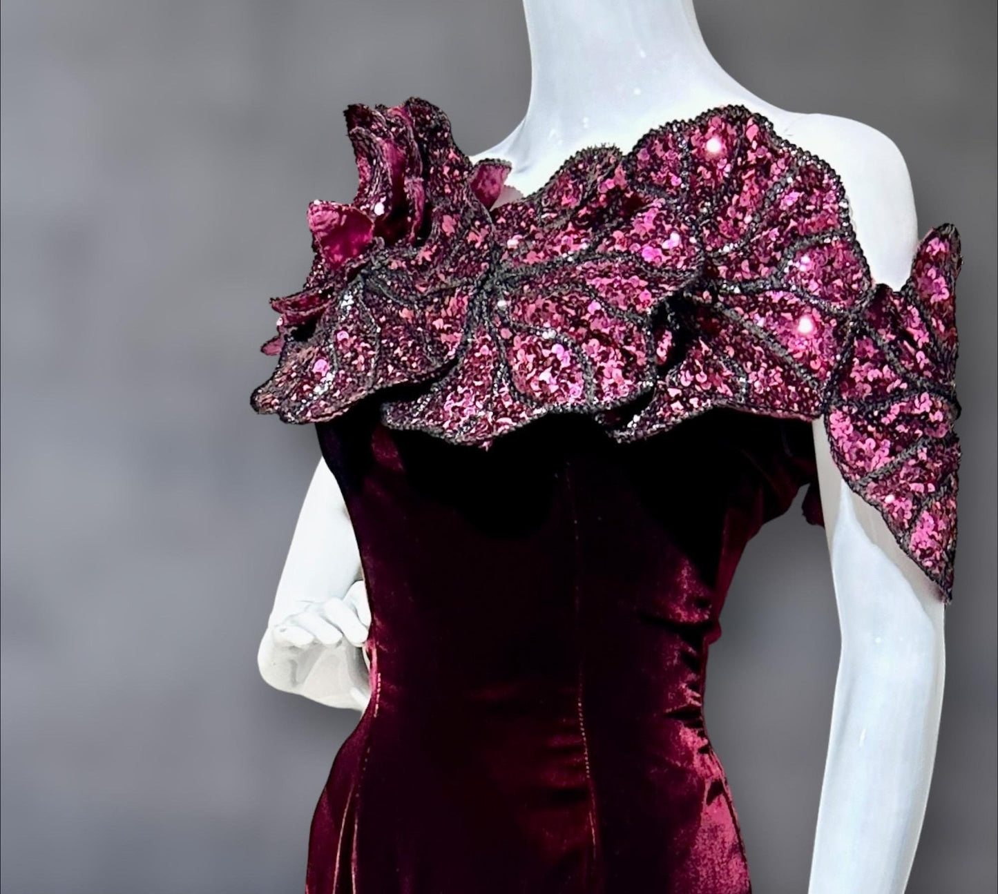 EUGENE ALEXANDER 1980s vintage evening gown, burgundy velvet sheath dress, HUGE Sequin Flowers