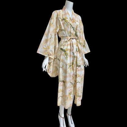 1970s vintage kimono dressing gown, Japanese summer cotton house coat robe, yellow dogwood branches