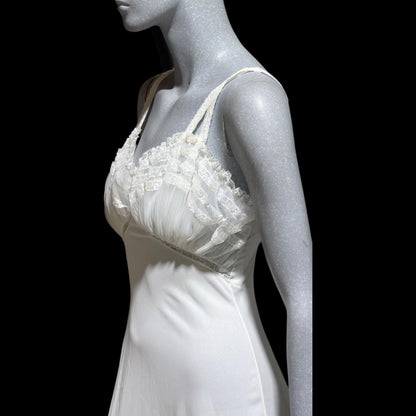 YOLANDE vintage Nightgown slip dress, 1940s white full length ruffled nylon lingerie dress