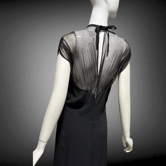 DOROTHY O'HARA vintage 1940s evening dress gown, Black crepe and mesh illusion neckline sheath gown