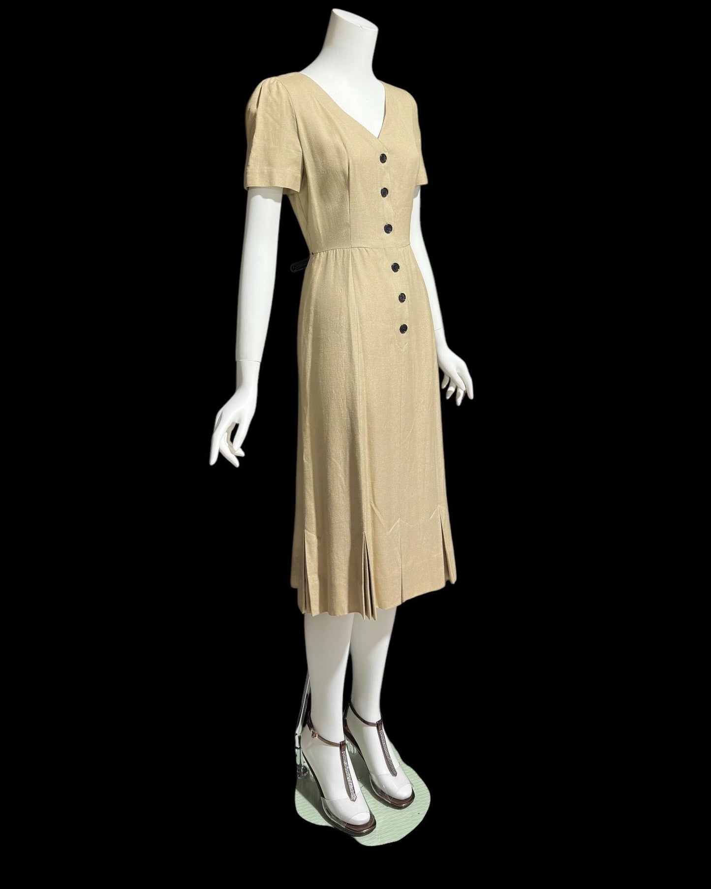 ADELE SIMPSON, vintage 1980s day dress, 80s does 40s latte tan linen dress, button front wear to work luncheon dress