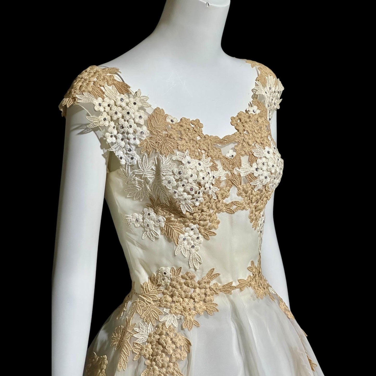 PEGGY HUNT, vintage 1950s dress, white and ecru lace rhinestones fit and flare cocktail party formal wedding dress, 34 bust