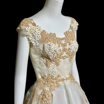 PEGGY HUNT, vintage 1950s dress, white and ecru lace rhinestones fit and flare cocktail party formal wedding dress, 34 bust