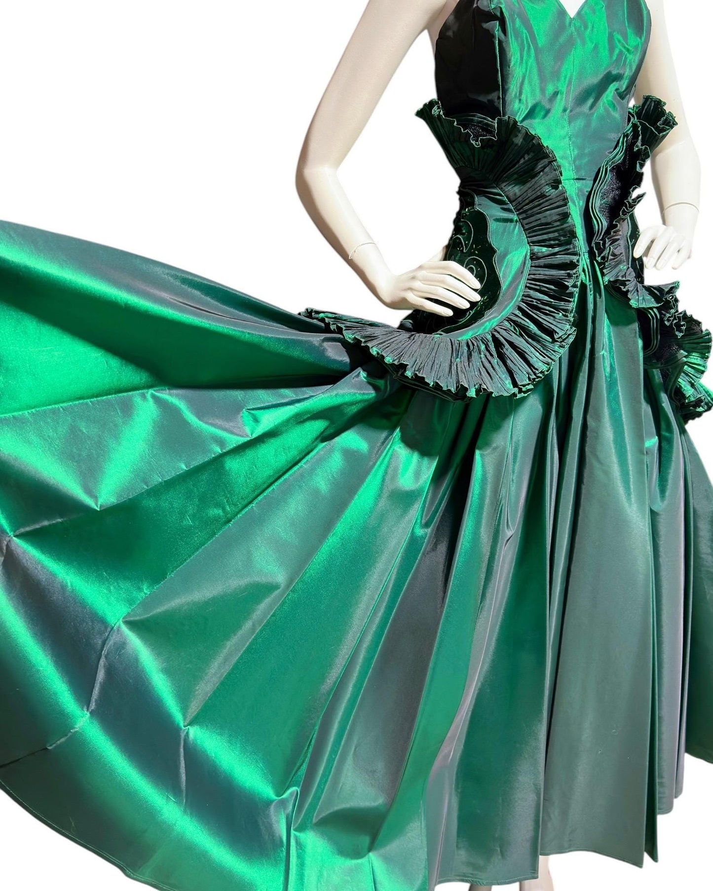 BLUME, vintage 1980s prom dress, Forest Green satin and ruffles, strapless cocktail party dress