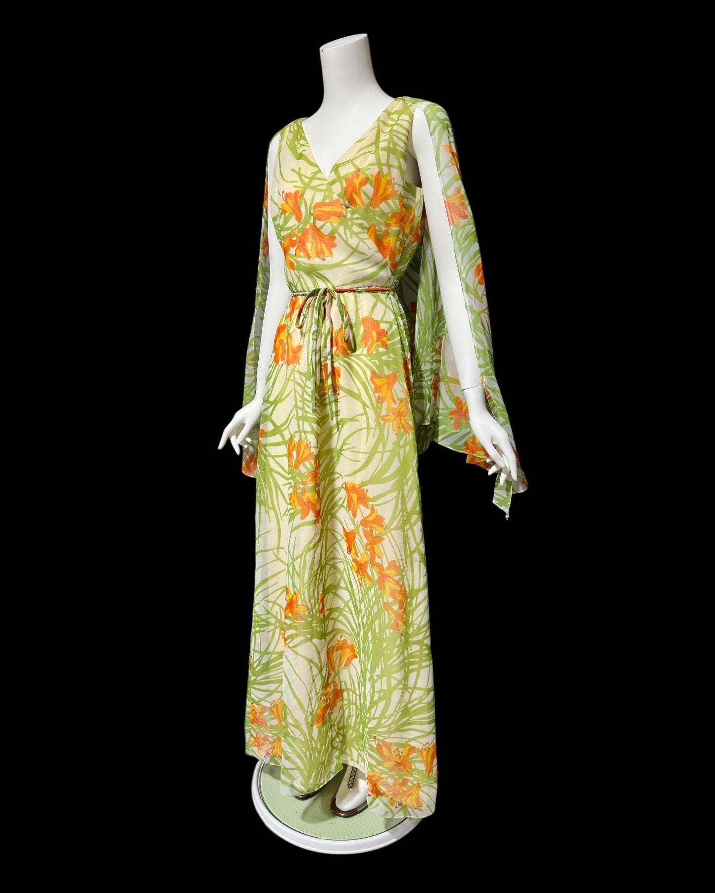 MARITA vintage evening dress gown, 1970s floral poly chiffon cape back scarf dress