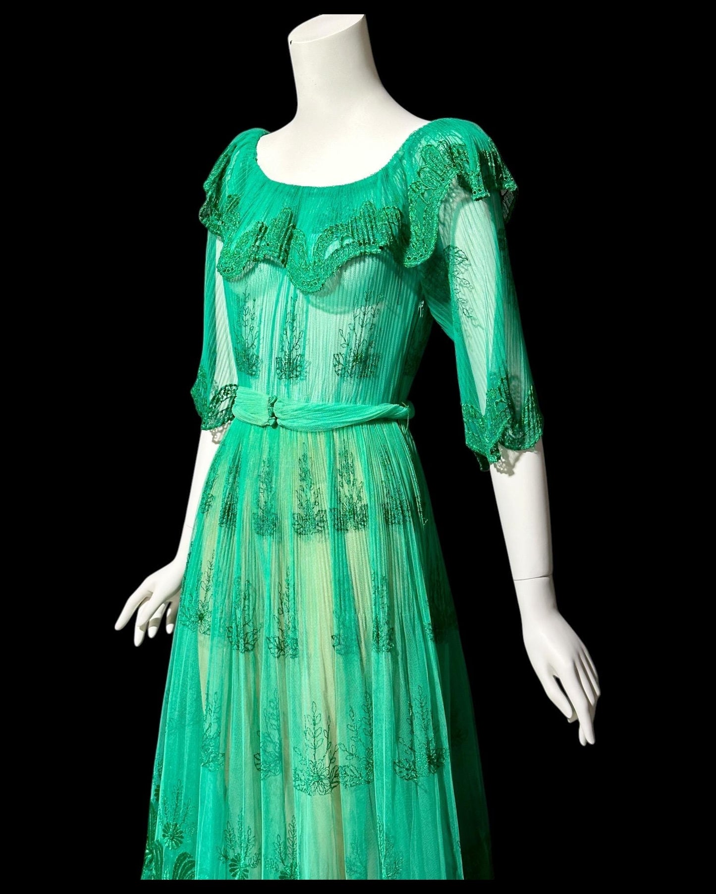 FRANK USHER vintage 1970s green embroidered net gown, ruffle neckline, full sweep party dress