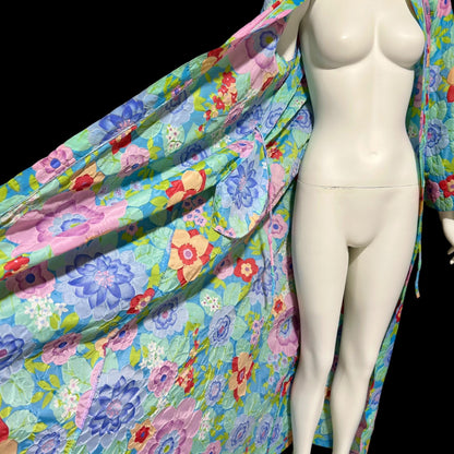 STELLA FAGIN, vintage 1960s Robe, Long Airy Blue and Pink Embossed Flower Wrap Front dressing gown