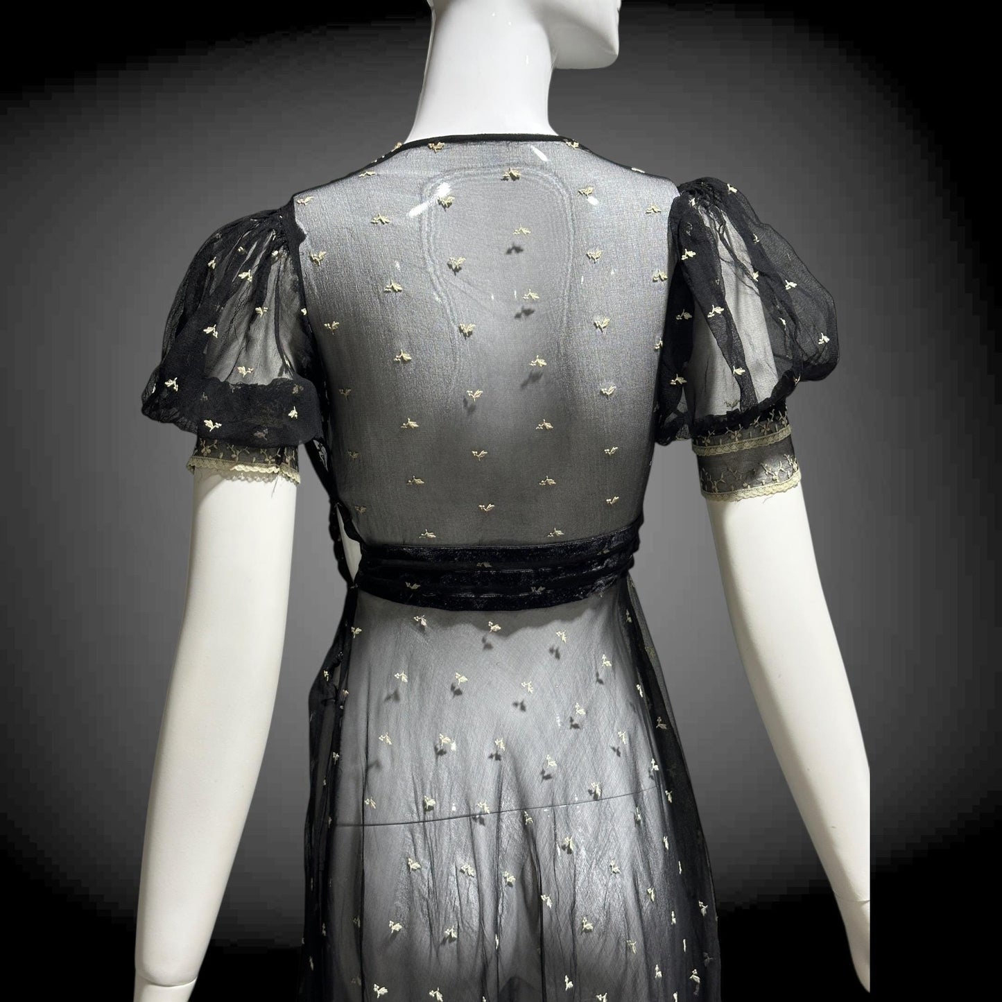 1930s Vintage Sheer Lace Evening Dress: Black embroidered babydoll Dress