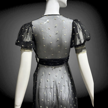 1930s Vintage Sheer Lace Evening Dress: Black embroidered babydoll Dress