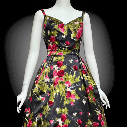 I. MAGNIN vintage 1950s evening dress, black floral cocktail party dress, Black with magenta poppies