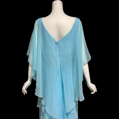 1960s vintage evening dress, turquoise blue poly chiffon scarf cape dress gown