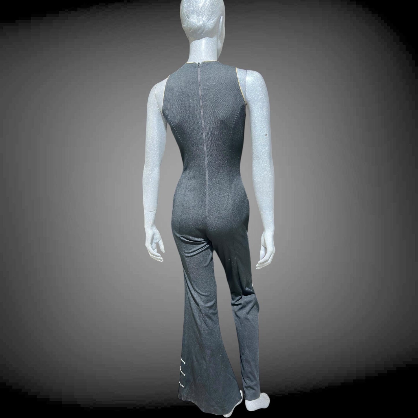 ESTIVO vintage 1970s bell bottom jumpsuit, black poly knit disco jumpsuit, embroidery & rhinestones