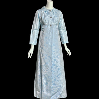 1960s Vintage evening gown and opera coat ensemble, baby blue damask custom mod column dress and duster set