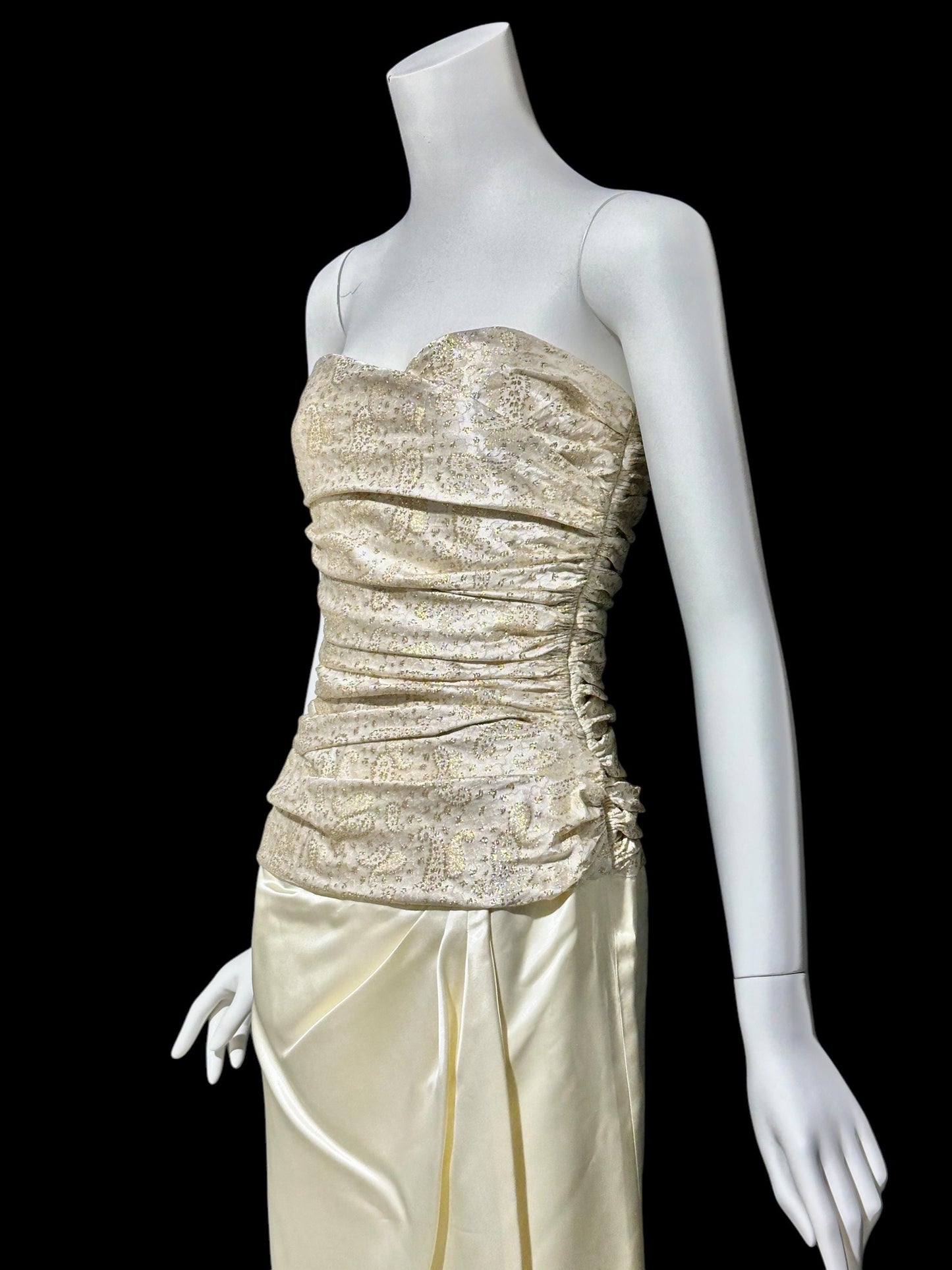 1950s vintage evening dress, Very Marilyn Monroe, Creamy satin with Gold metallic, faux wrap skirt ruched bodice