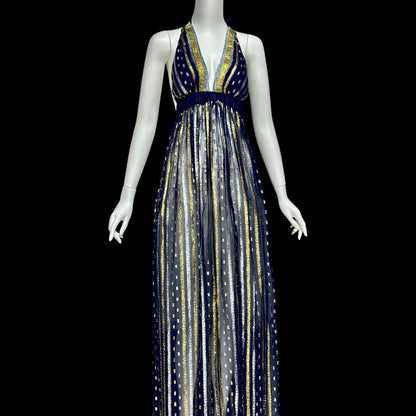 1970s Vintage Disco Diva evening party dress, sheer nylon and metallic halter gown, studio 54 disco