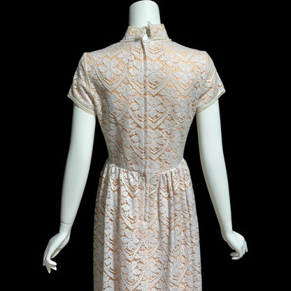 VICTOR COSTA, vintage 1970s evening dress, white and peach lace high neck column dress
