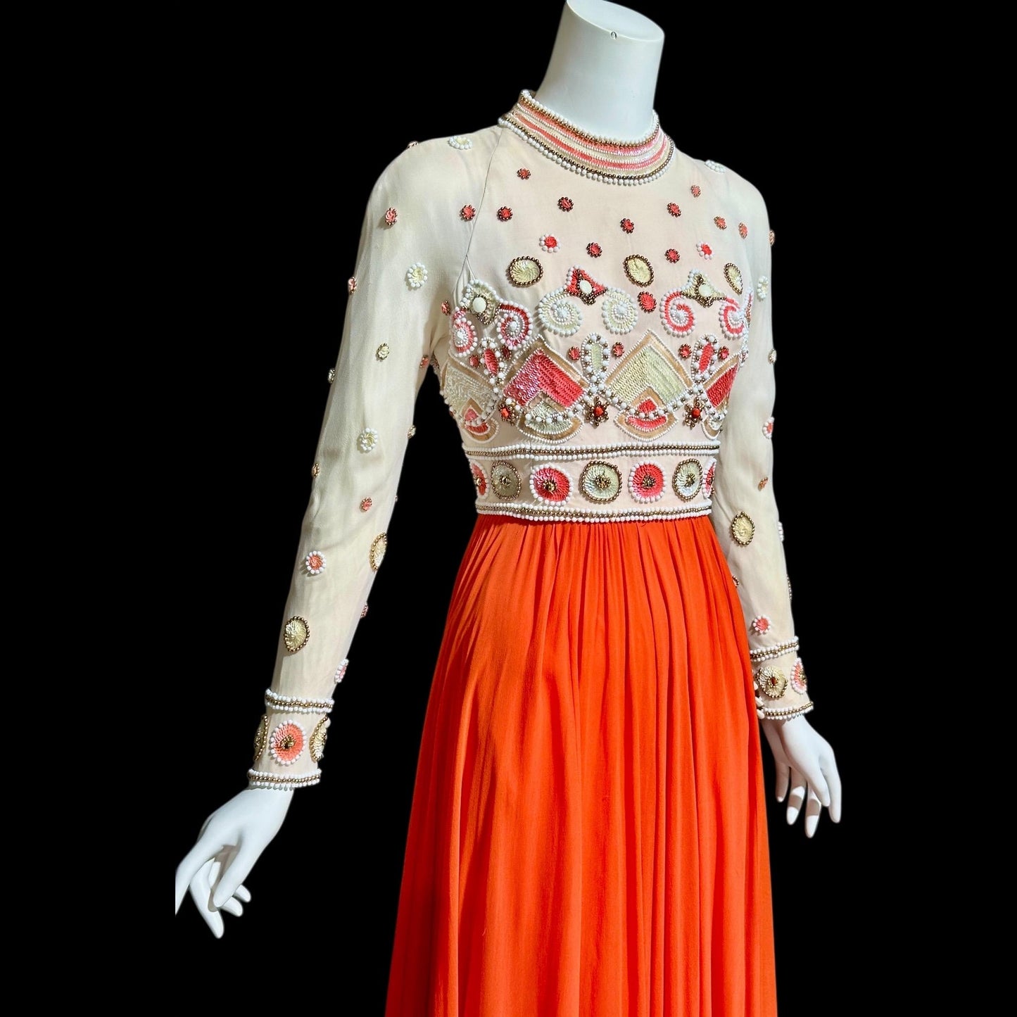 DARNELL OF LONDON, vintage 1960s evening dress, Orange beaded chiffon gown
