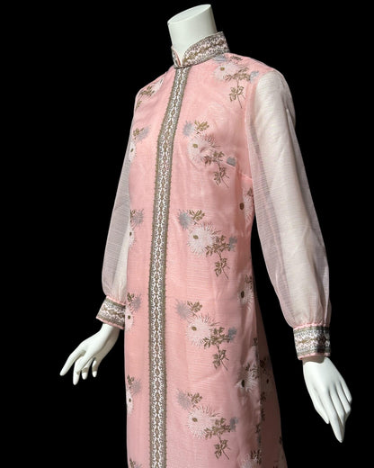 ALFRED SHAHEEN vintage 1970s Pink hand screen print floral Shift Maxi Dress, Hawaiian chrysanthemum flowers